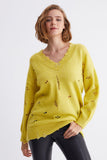 V Neck Ripped Detail Yellow Knitwear Sweater