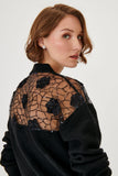 Black Knitwear Cardigan with Lace Detail