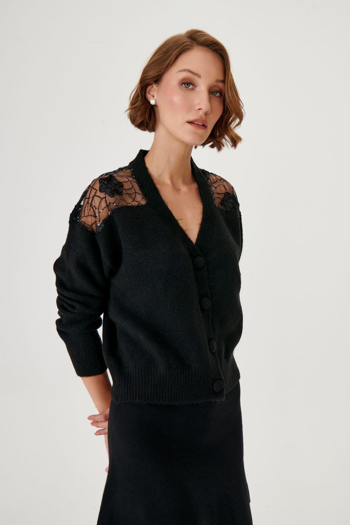 Black Knitwear Cardigan with Lace Detail