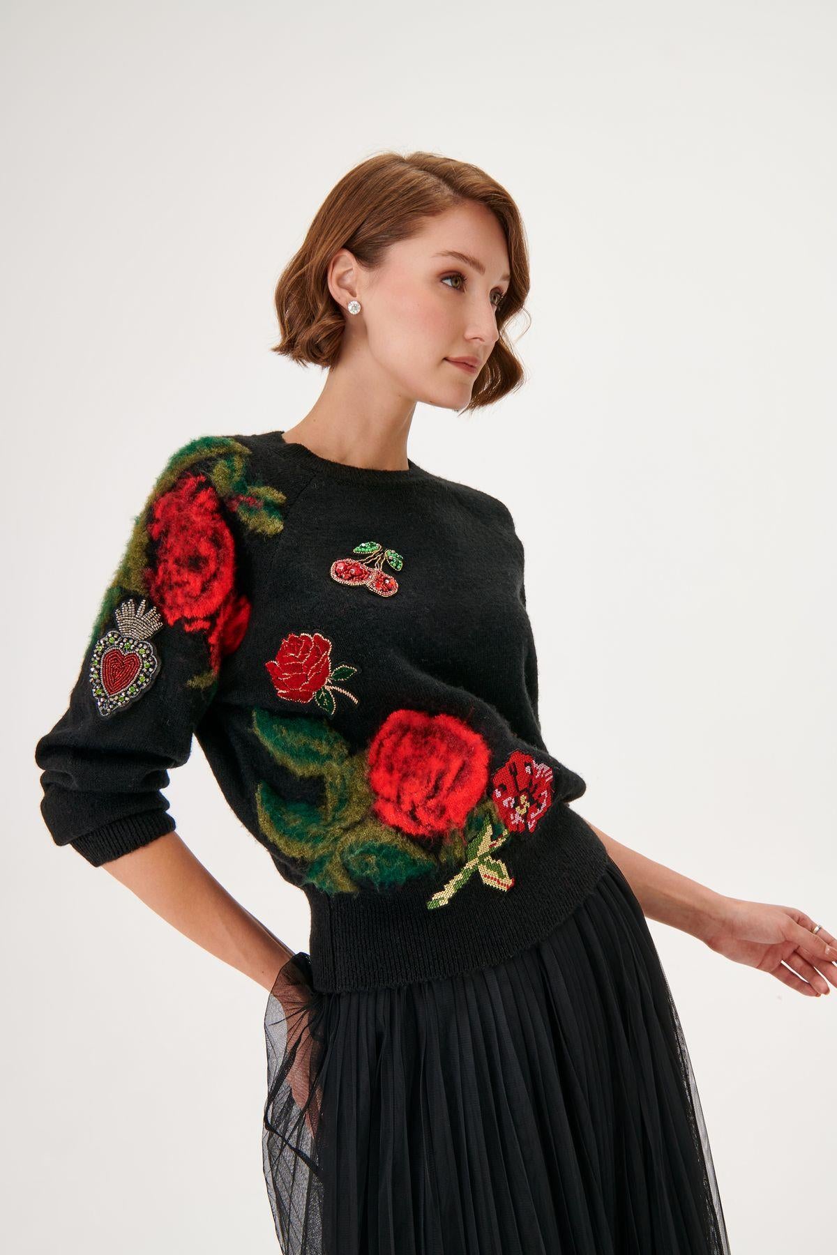 Black Knitwear Sweater with Hand Embroidered Rose Detail