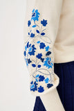 Blue Floral Embroidered Wool Ecru Knitwear Sweater
