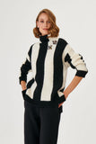 Brooch Detailed Striped Black & White Knitwear Sweater