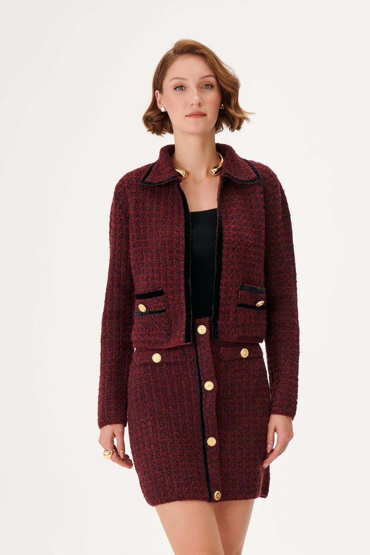 Burgundy Knitwear Tweed Jacket with Button Detail