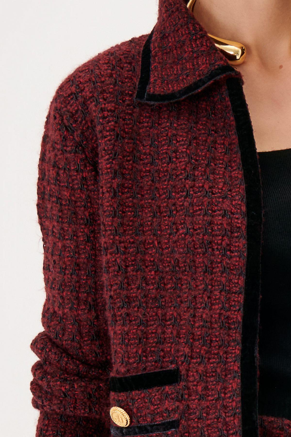 Burgundy Knitwear Tweed Jacket with Button Detail