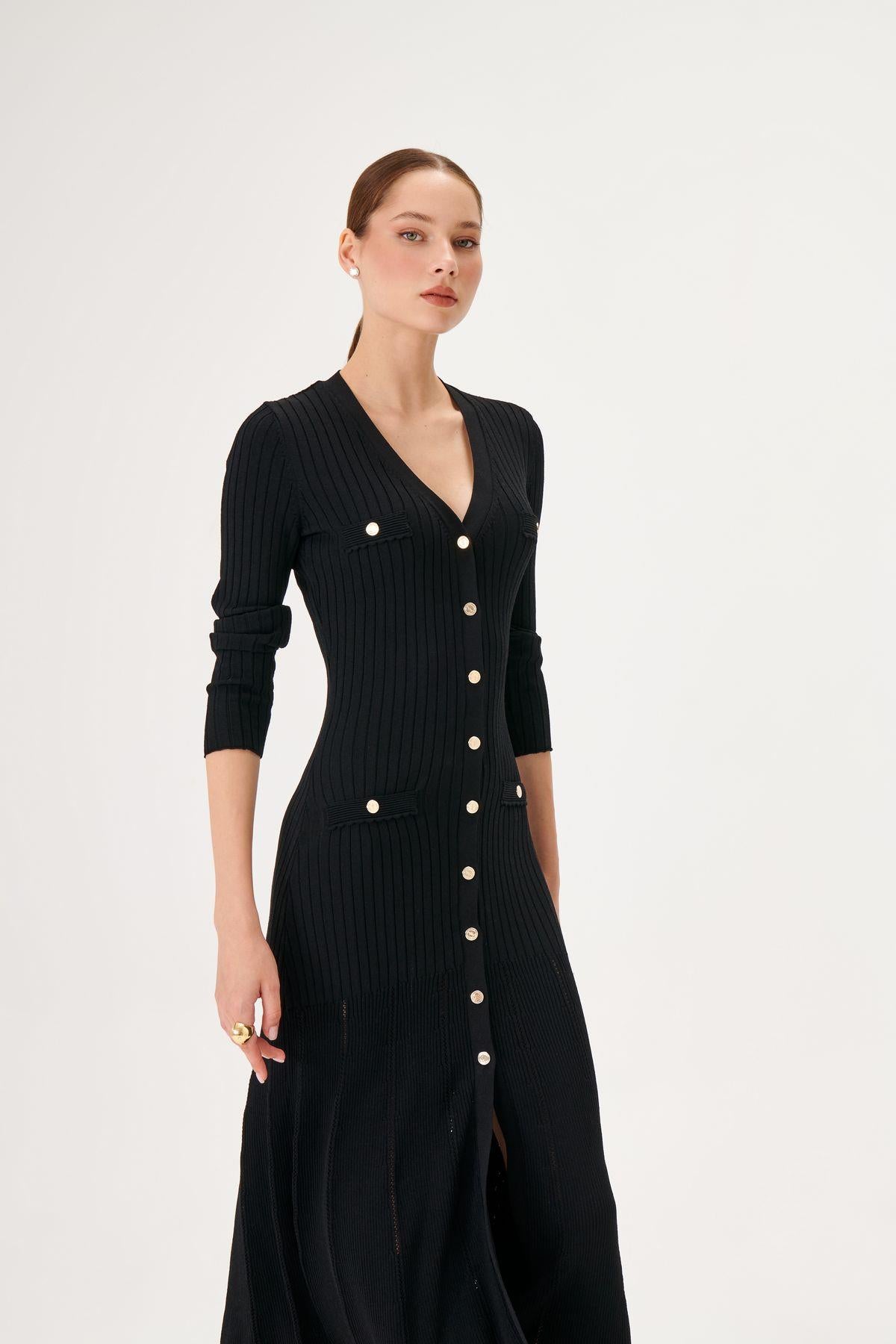 Button Detailed A-Line Midi Black Knitwear Dress