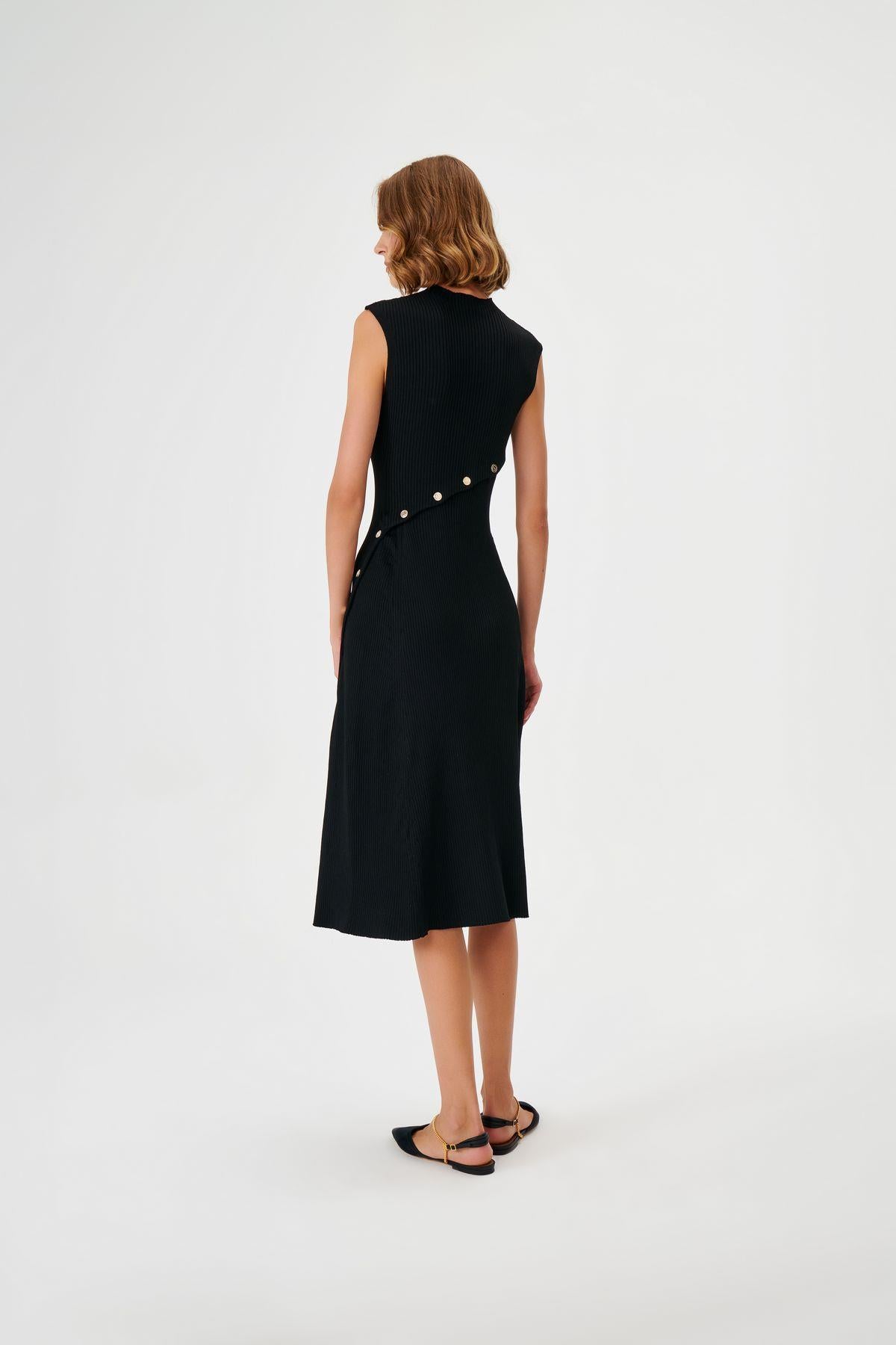 Button Detailed Sleeveless Black Knitwear Dress