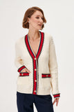 Contrast Stripe Detailed Embossed Pattern Ecru Knitwear Cardigan