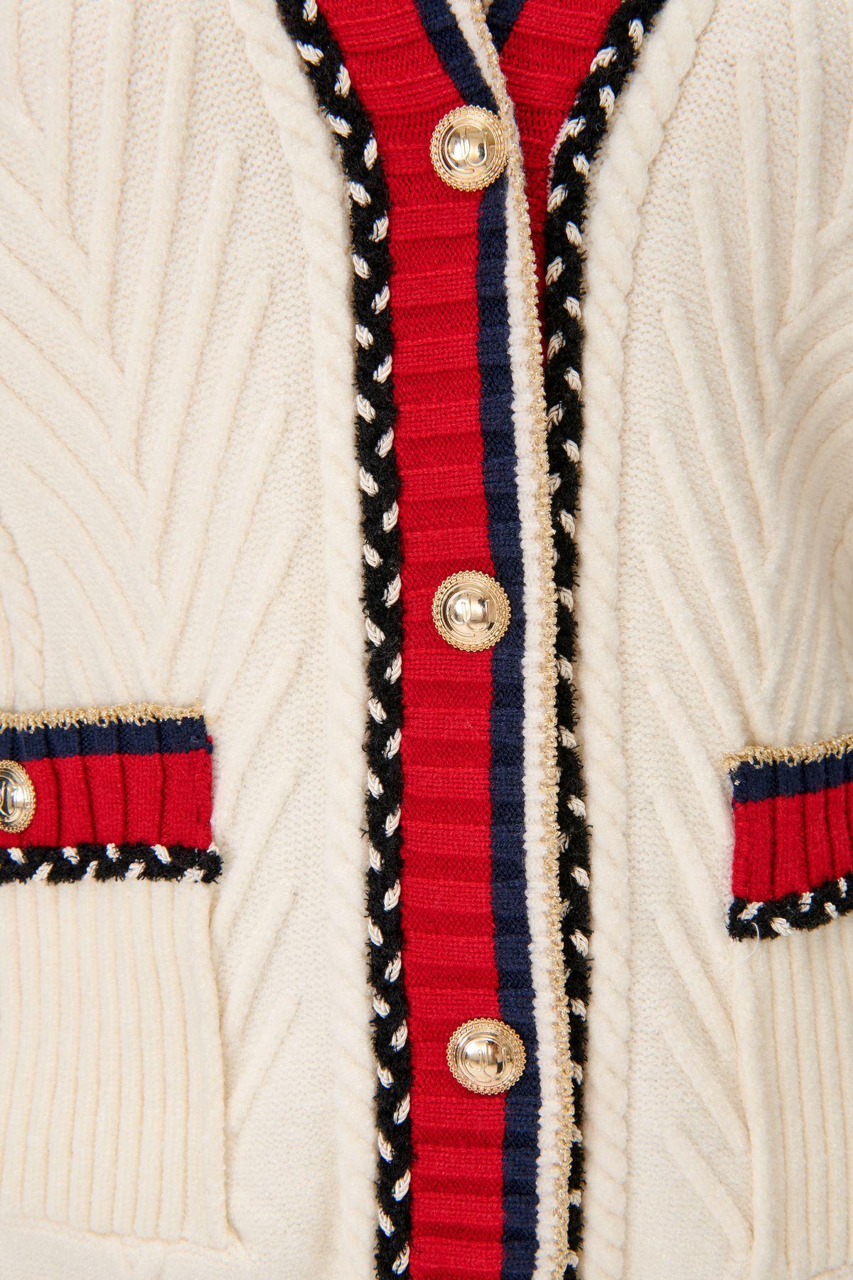 Contrast Stripe Detailed Embossed Pattern Ecru Knitwear Cardigan