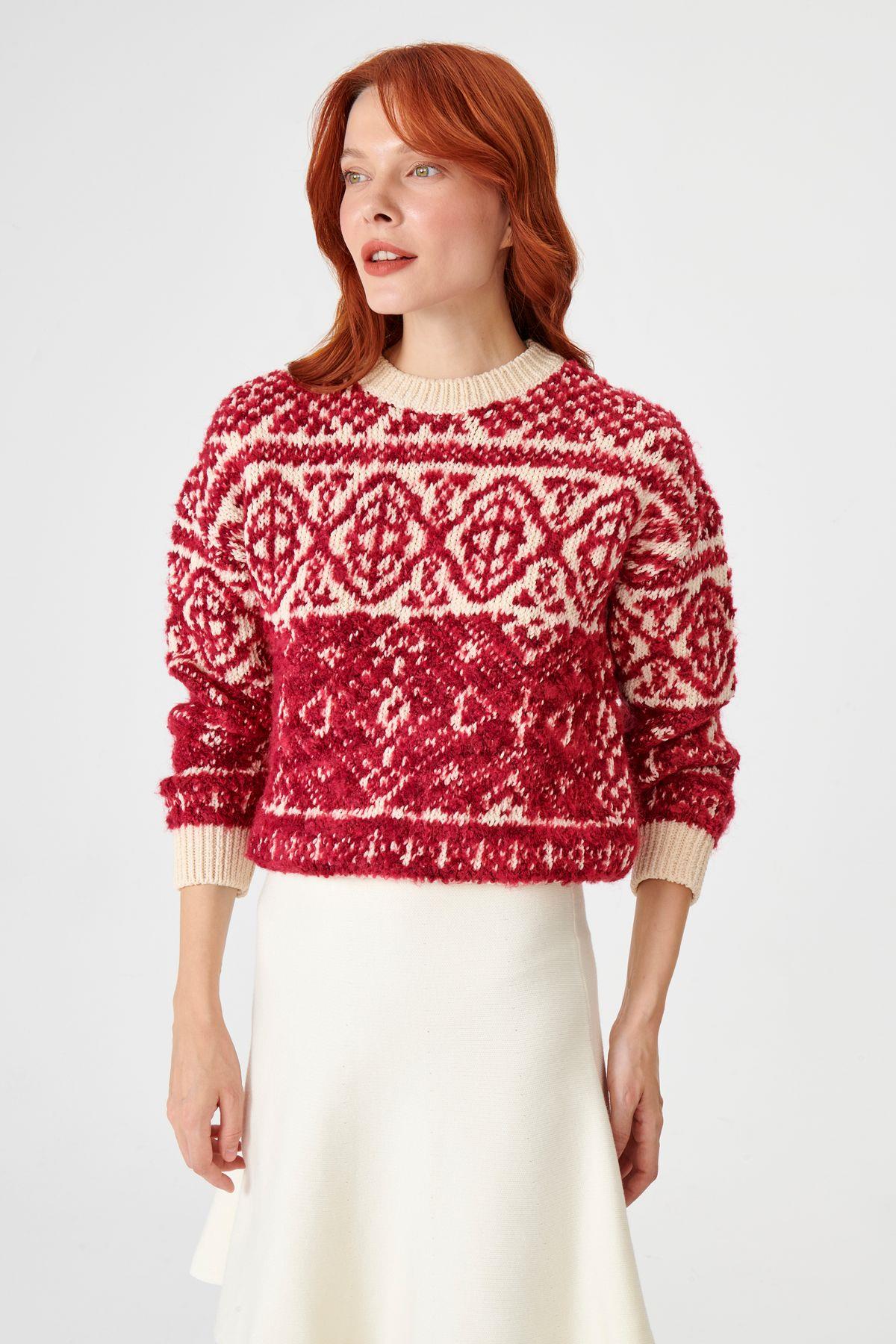 Crewneck Patterned Cotton Knitwear Sweater