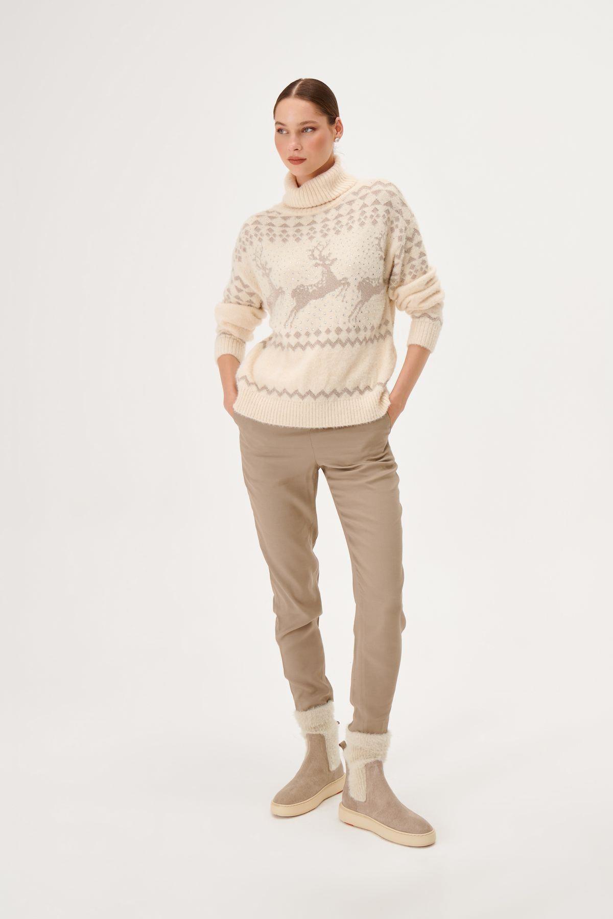 Deer Patterned Stoned Ecru Knitwear Sweater