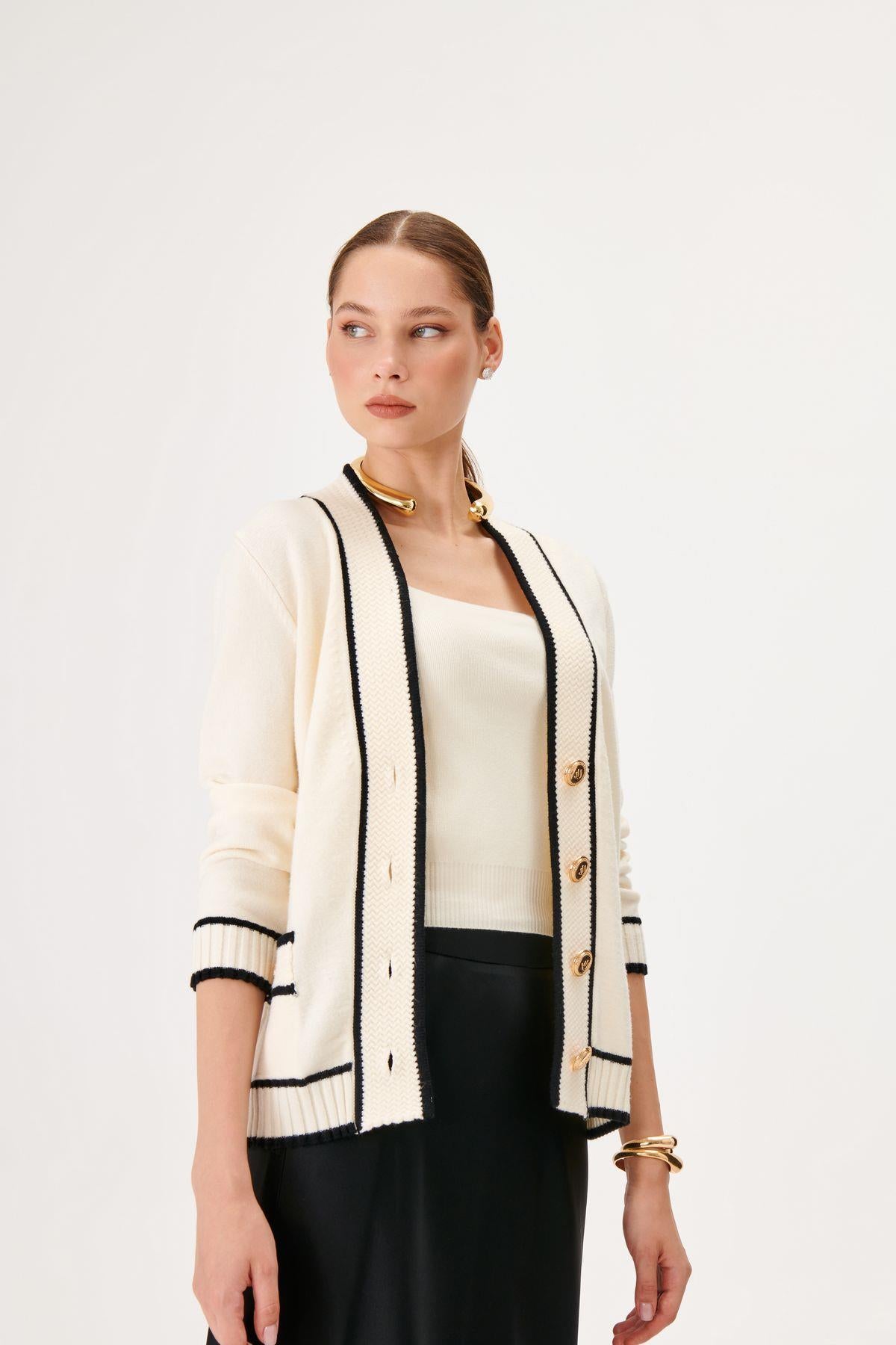 Ecru Knitwear Cardigan with Contrast Stripe