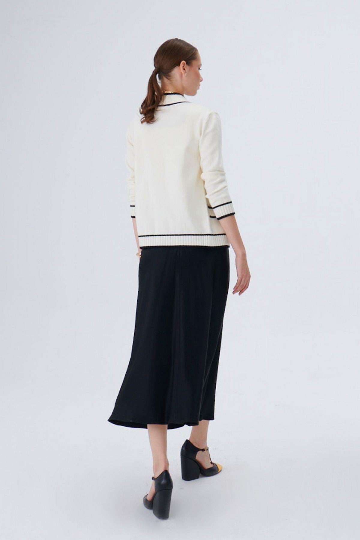 Ecru Knitwear Cardigan with Contrast Stripe