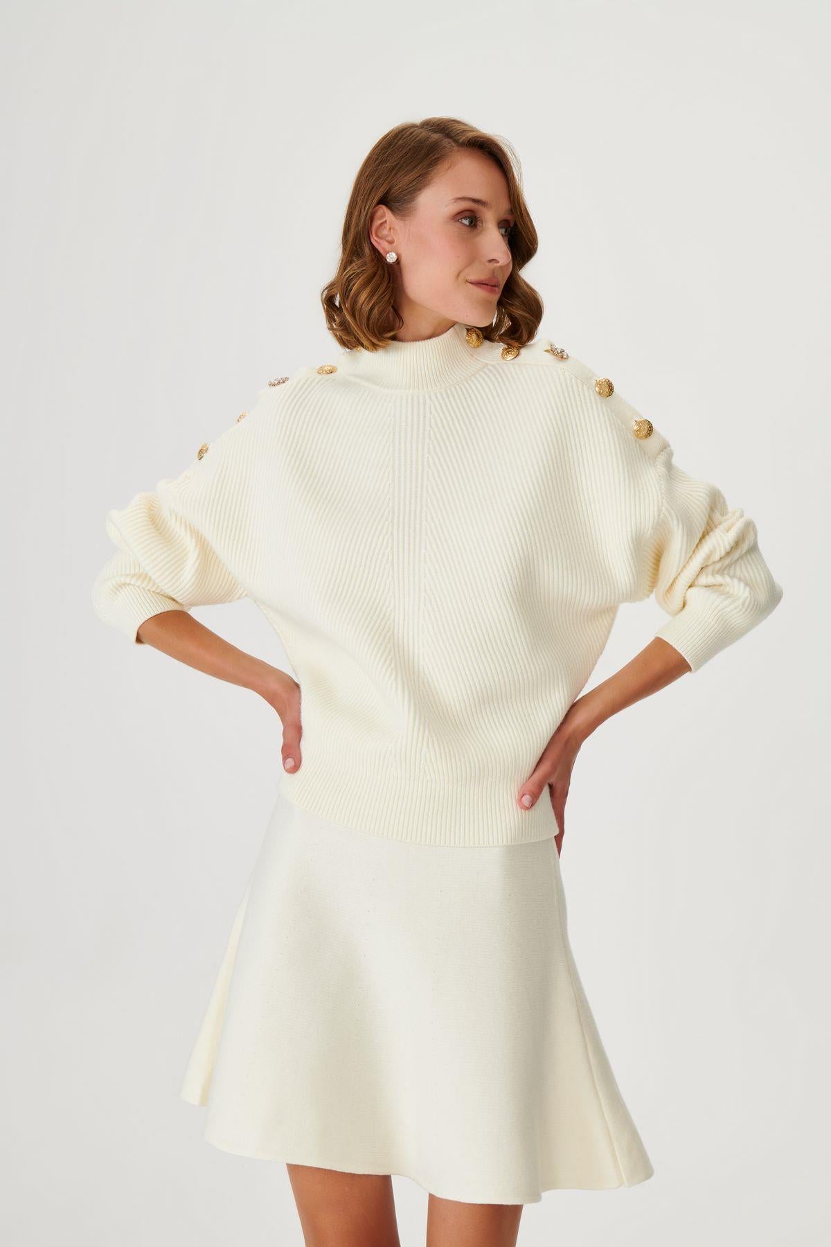 Ecru Knitwear Sweater With Button Detail On Shoulder