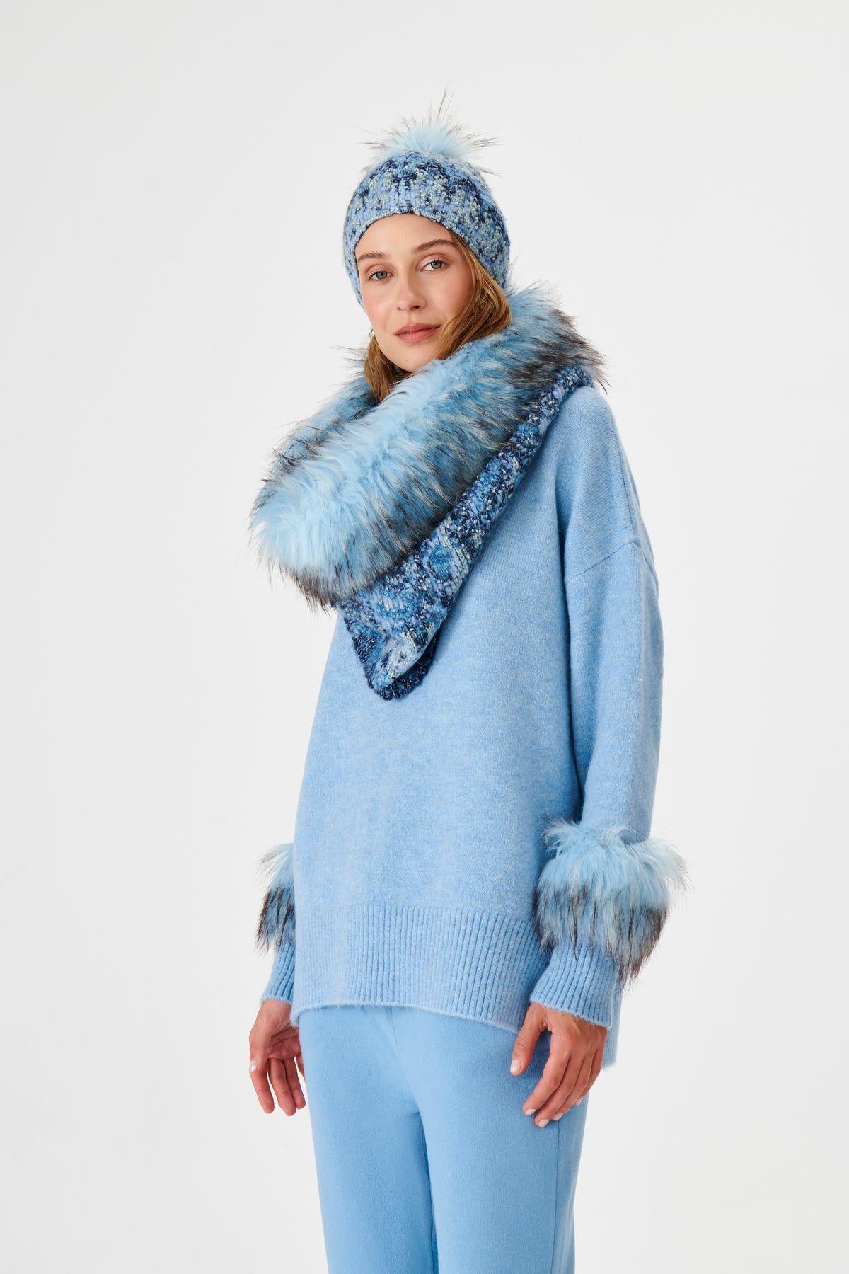 Fur Sleeve Detailed Turtleneck Blue Knitwear Sweater