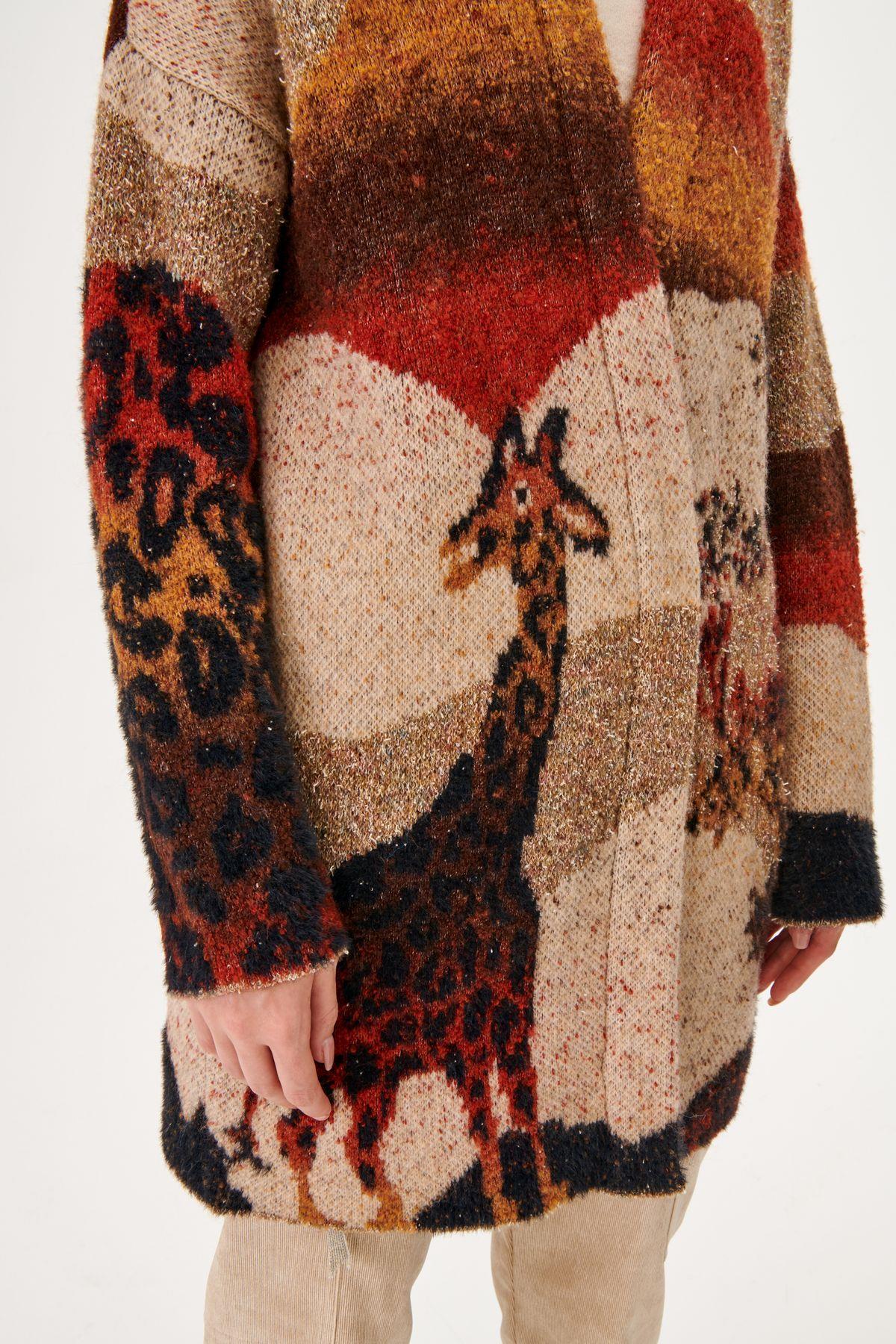 Giraffe Pattern Wool Blend Brown Knitwear Cardigan