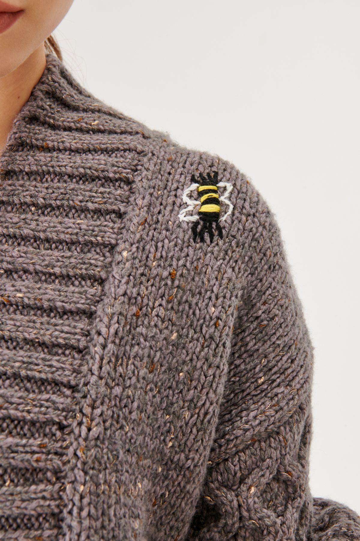 Gray Knitwear Cardigan with Handmade Bee Figure.
