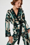 Green Knitwear Kimono Cardigan with Leaf Pattern
