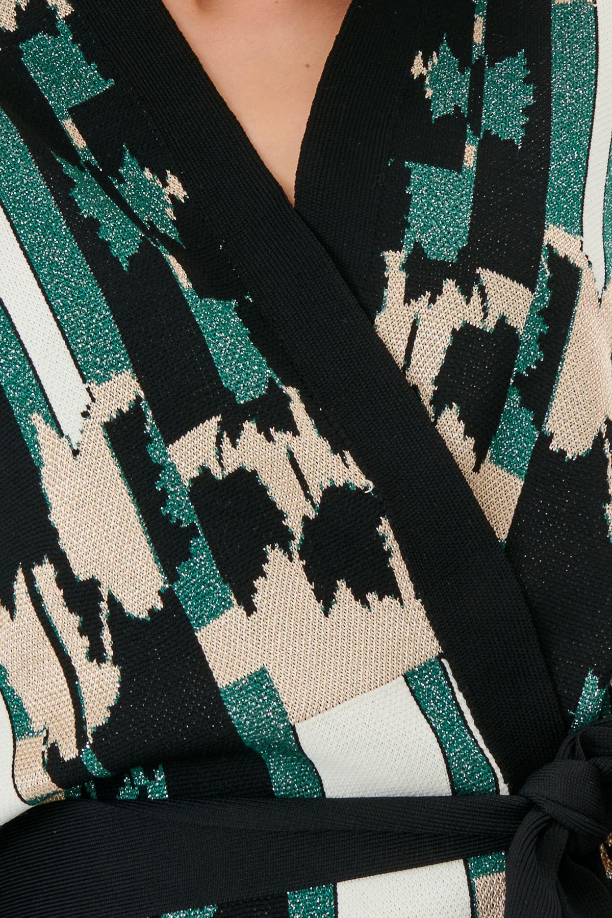 Green Knitwear Kimono Cardigan with Leaf Pattern