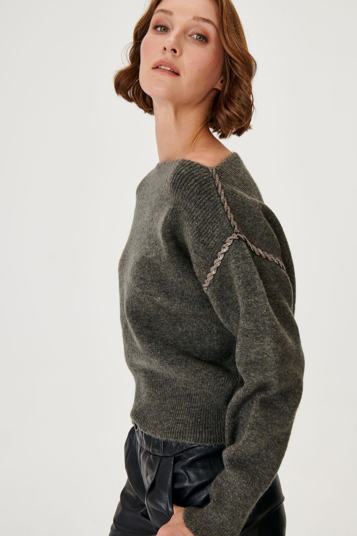 Grey Knitwear Sweater with Handcrafted Spiral Strip Detail
