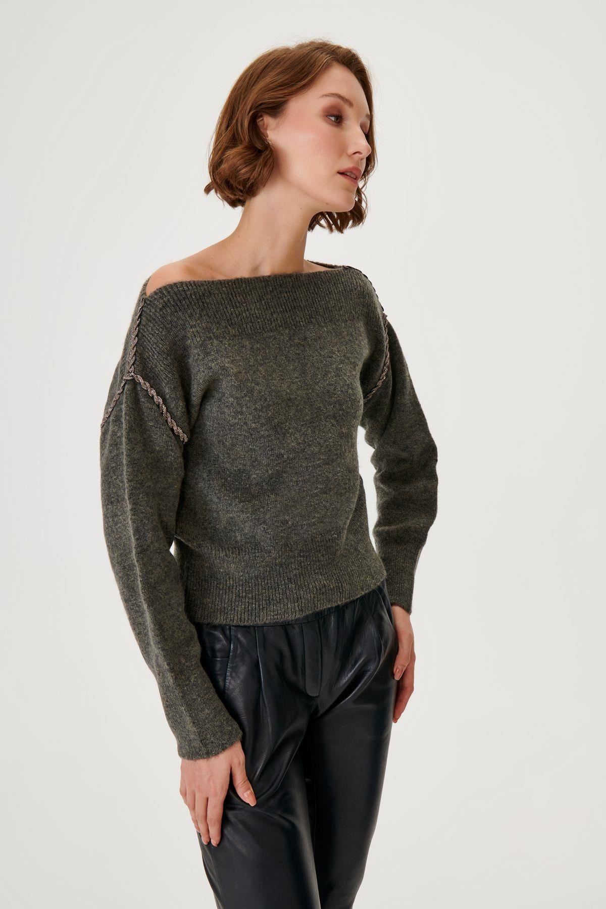 Grey Knitwear Sweater with Handcrafted Spiral Strip Detail