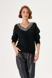 Handcrafted Stone Embroidered V-neck Black Knitwear Sweater