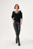 Handcrafted Stone Embroidered V-neck Black Knitwear Sweater