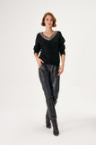 Handcrafted Stone Embroidered V-neck Black Knitwear Sweater