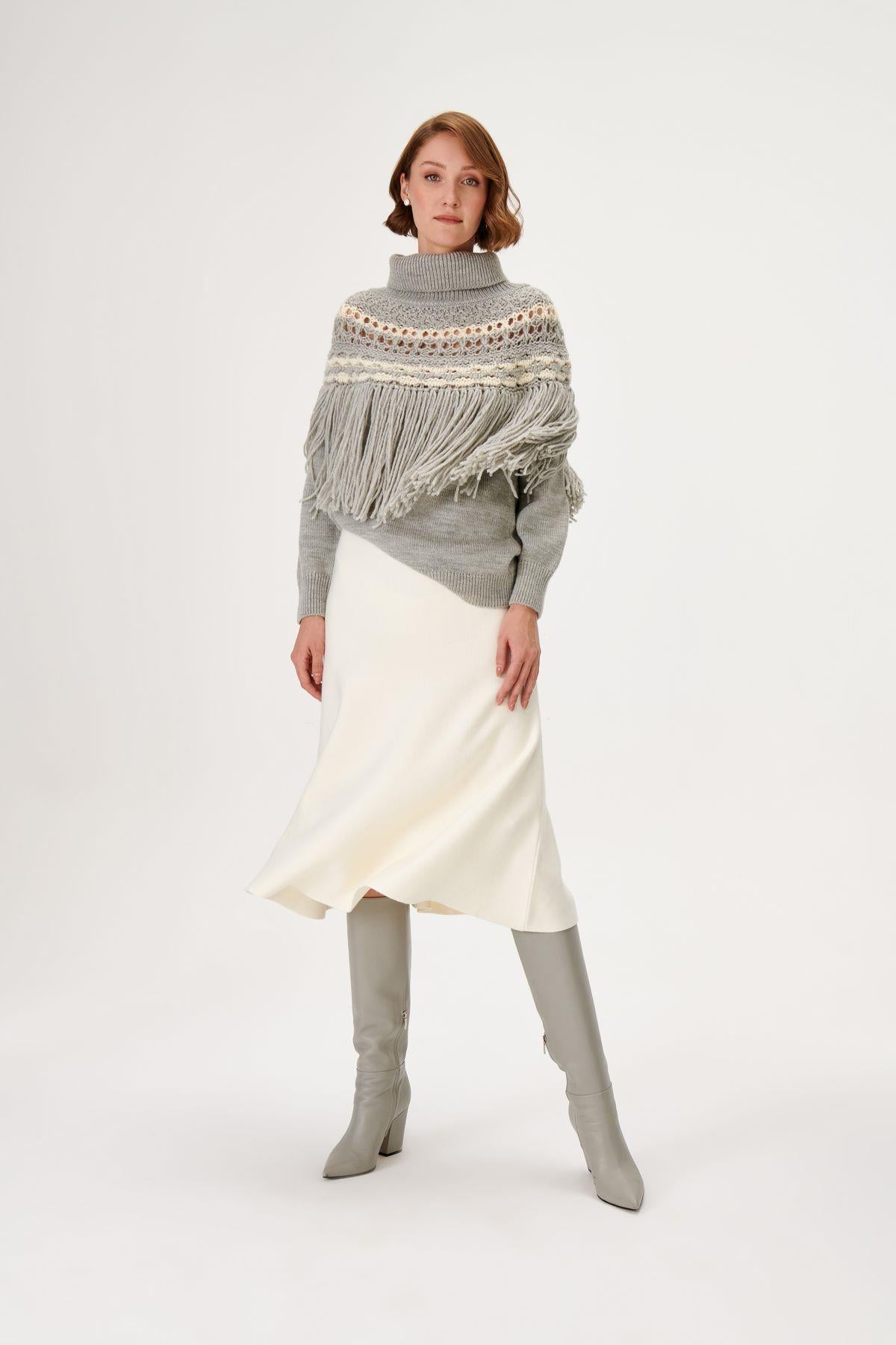 Handmade Tassel Detailed Wool Gray Knitwear Sweater