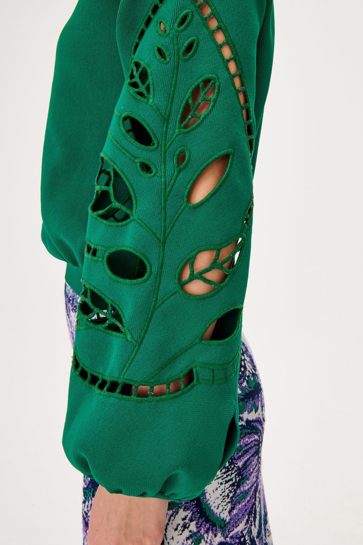 High Collar Sleeve Embroidered Green Knitwear Sweater