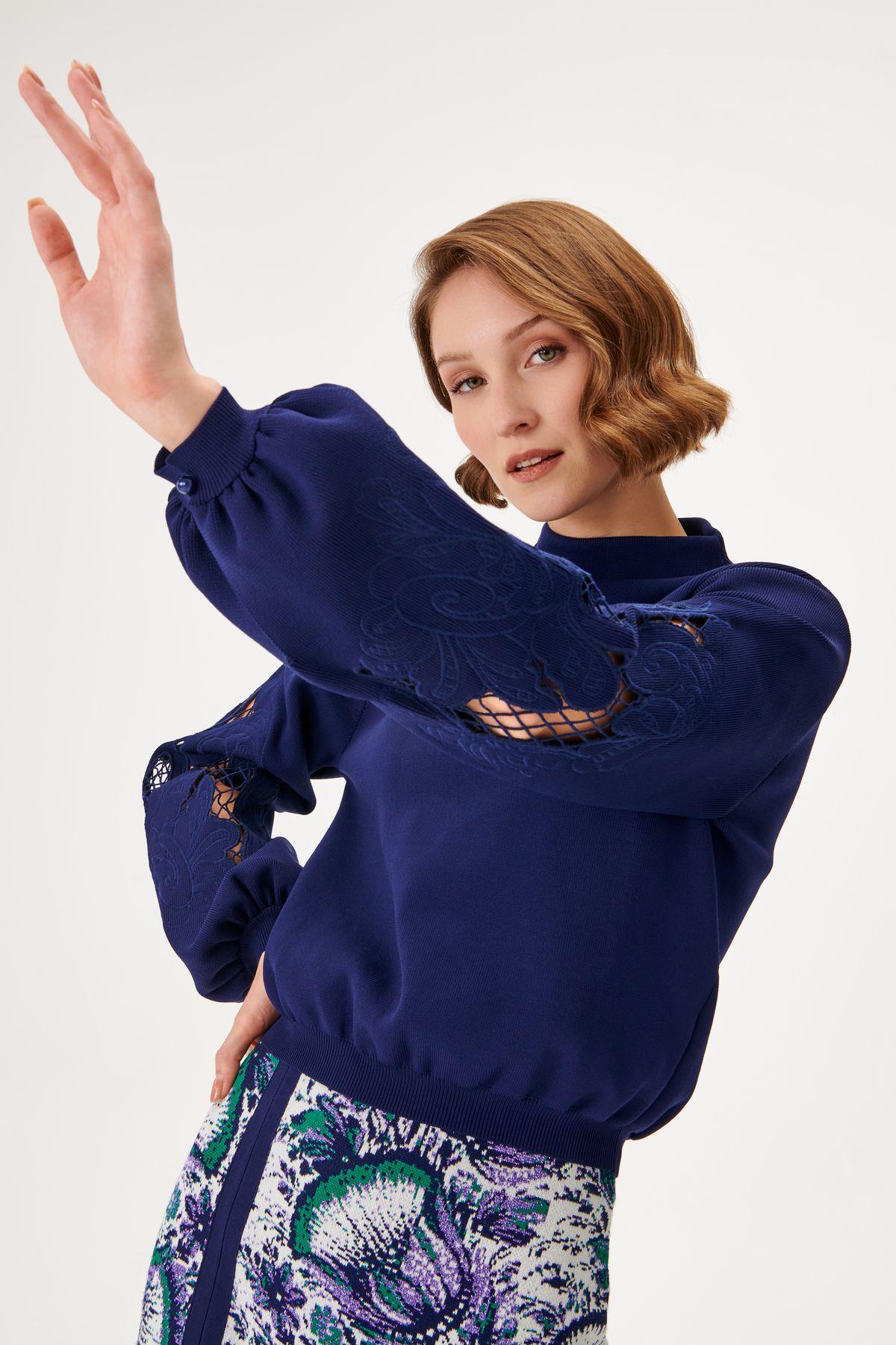 High Neck  Sleeve Embroidered Navy Blue Knitwear Sweater