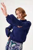 High Neck  Sleeve Embroidered Navy Blue Knitwear Sweater