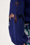 High Neck  Sleeve Embroidered Navy Blue Knitwear Sweater