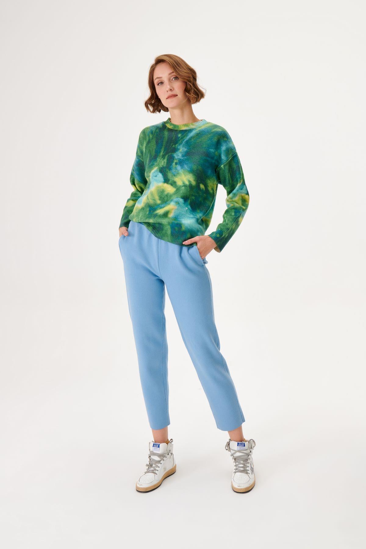 Knitwear Sweater with Green Blue Patterned Digital Printing