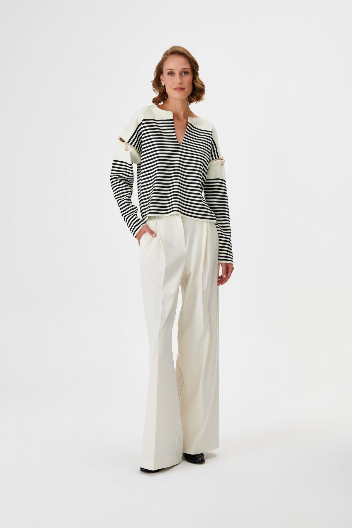 Knitwear Sweater with Zippered Functional Striped Sleeve