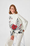 Loose Fit Ecru Sweater with Handcrafted Flower Embroidery