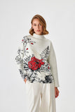 Loose Fit Ecru Sweater with Handcrafted Flower Embroidery