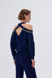 Open Shoulder Knitwear Sweater with Handcrafted Chain Detail