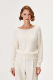 Pearl Embroidered Ecru Knitwear Sweater with Back Decollete