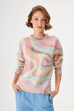 Pink Knitwear Sweater with Ebru Patterned Digital Printing
