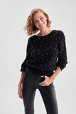 Round neck tricot knit jumper with stone stitchery low cut decolette at back