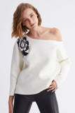 Sequin Detailed Embroidered Ecru Knitwear Sweater