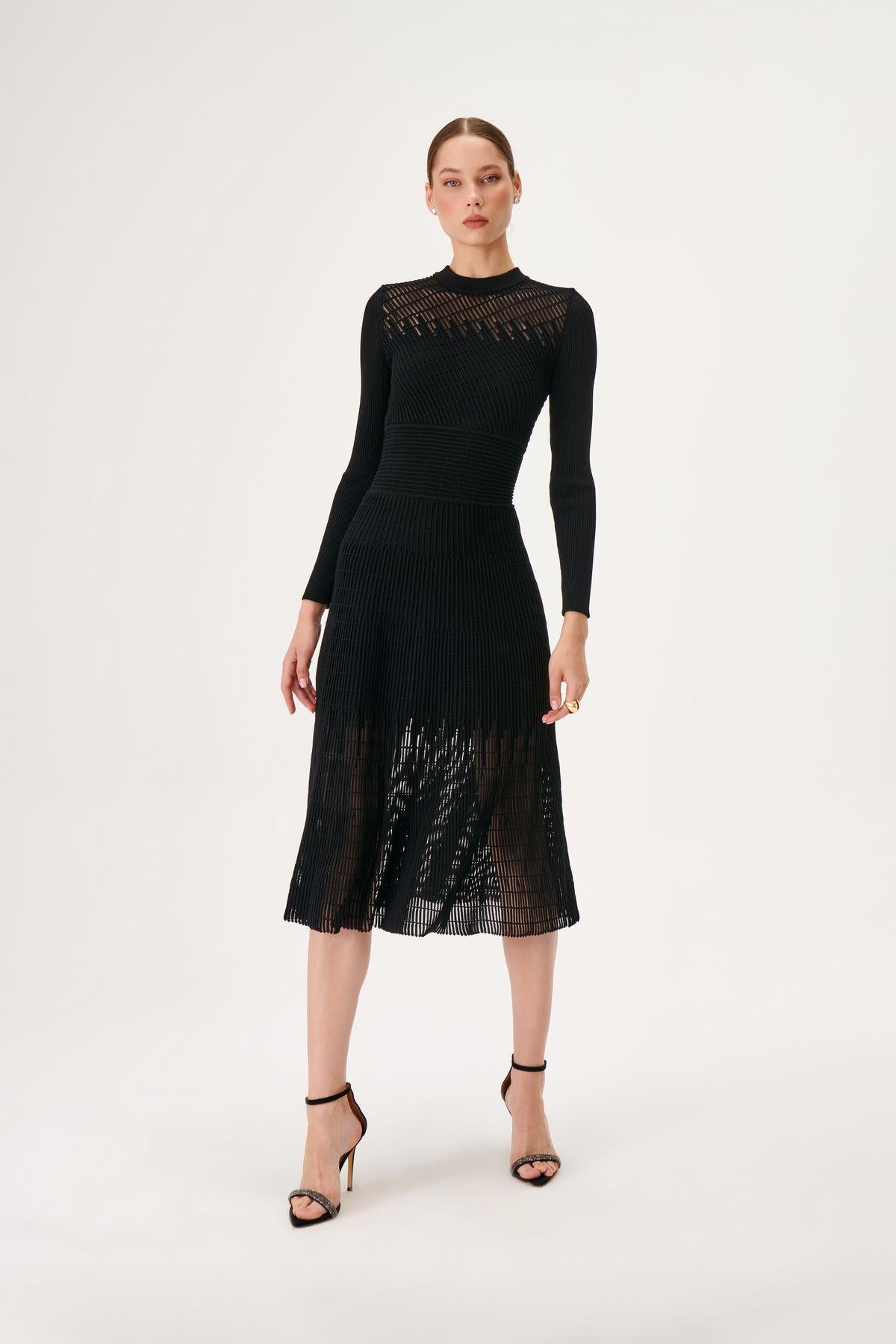 Transparent Detailed Ottoman Knitted Black Knitwear Dress
