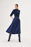 Wool Blend Navy Blue Knitwear Dress with Taffeta Fabric Skirt