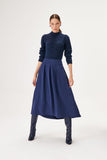 Wool Blend Navy Blue Knitwear Dress with Taffeta Fabric Skirt