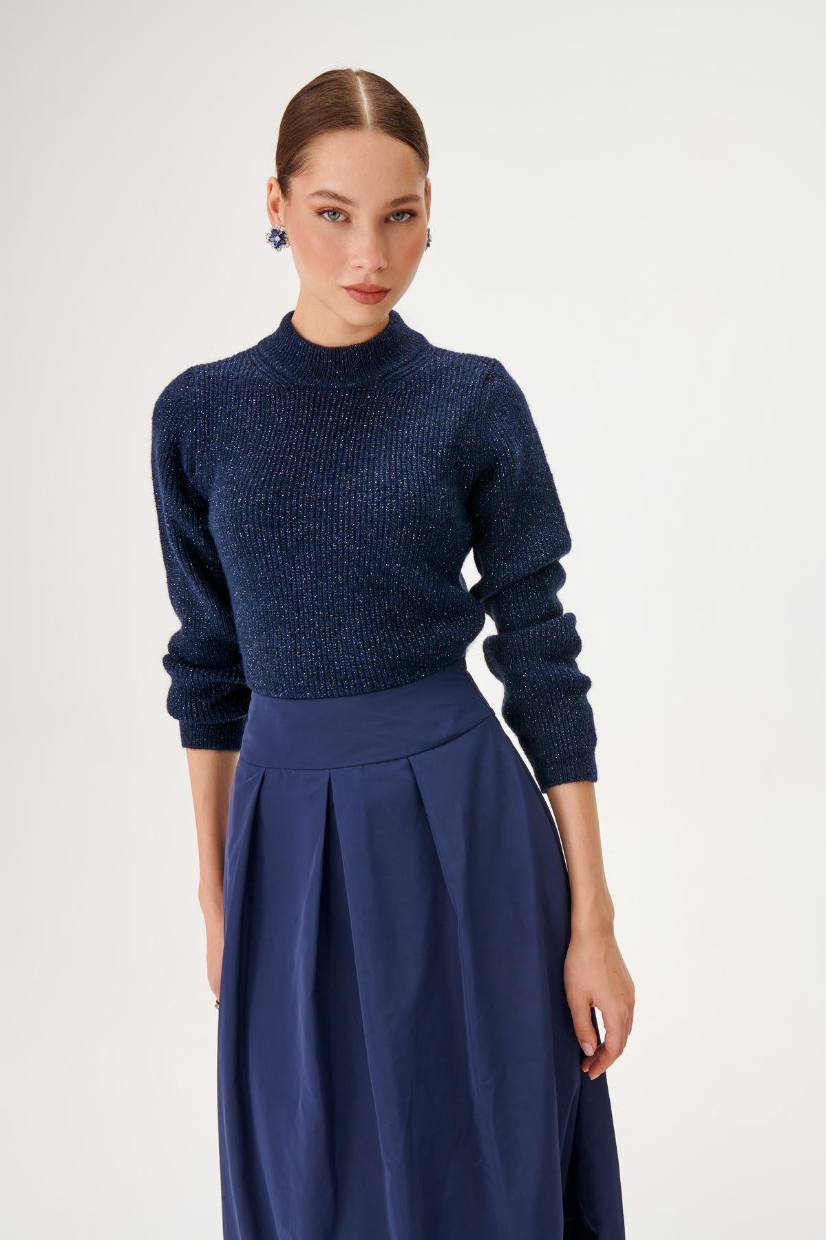 Wool Blend Navy Blue Knitwear Dress with Taffeta Fabric Skirt