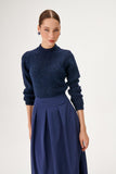 Wool Blend Navy Blue Knitwear Dress with Taffeta Fabric Skirt