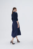 Wool Blend Navy Blue Knitwear Dress with Taffeta Fabric Skirt