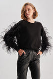 Handmade Black Knitwear Sweater with Feather Sleeves and Beads