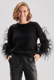 Handmade Black Knitwear Sweater with Feather Sleeves and Beads
