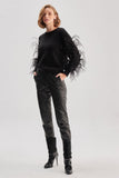 Handmade Black Knitwear Sweater with Feather Sleeves and Beads